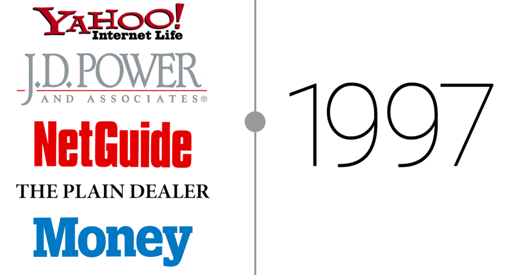 1997 - Yahoo! Internet Life logo, JD Power and Associates logo, NetGuide logo, The Plain Dealer logo, and Money logo