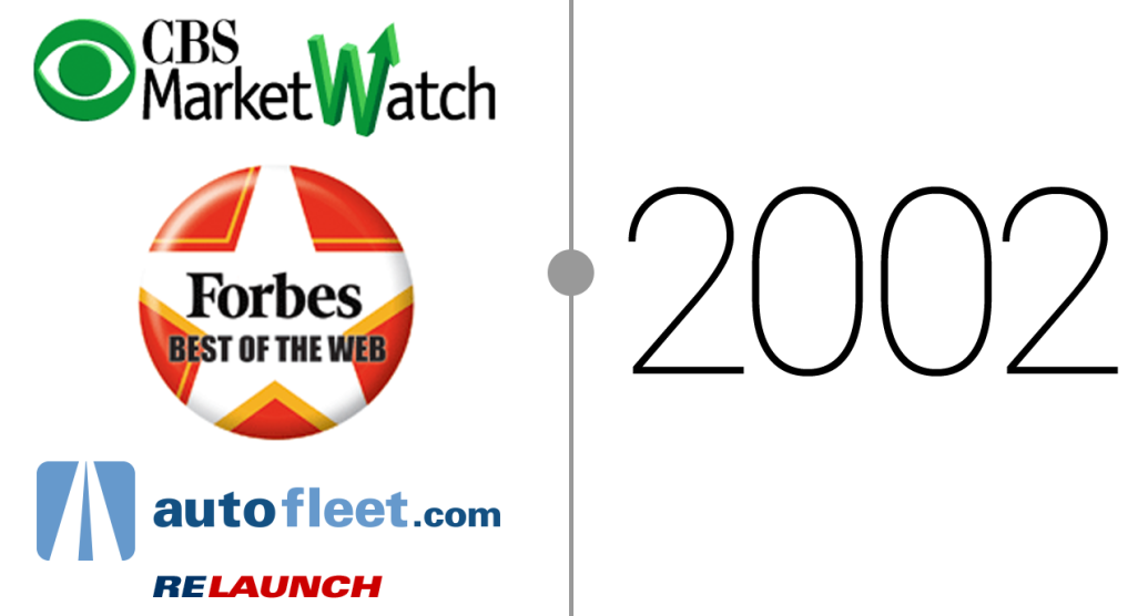 2002 - CBS Market Watch logo, Forbes Best of the Web award, and autofleet.com relaunch